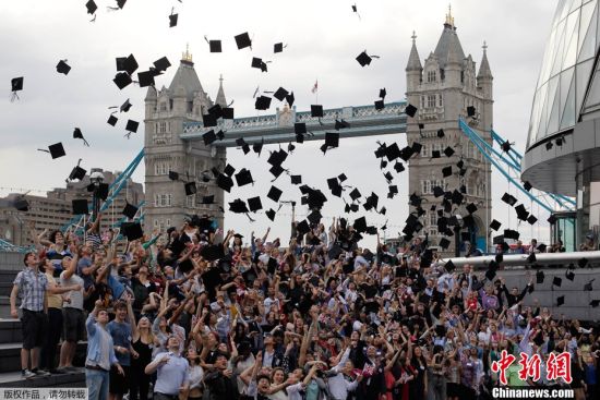 英国学生庆毕业扔学士帽